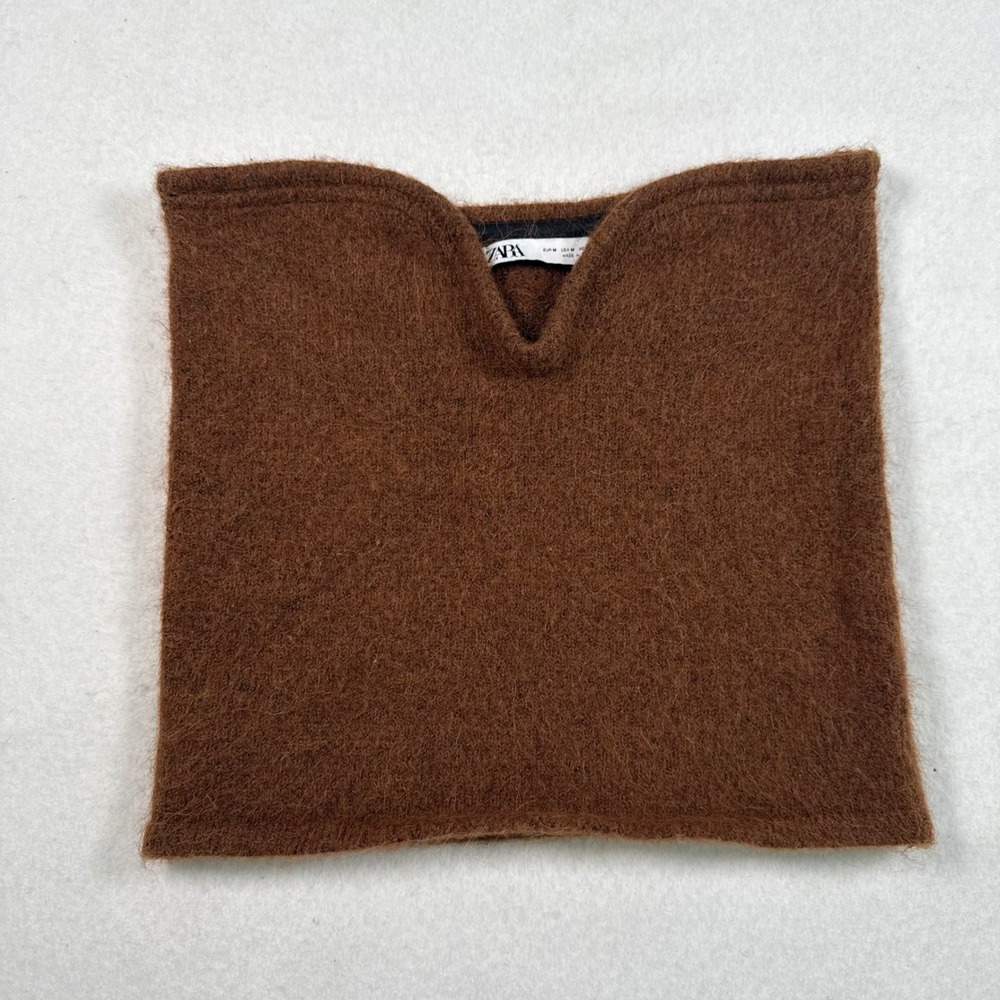 Zara Brown Alpaca Wool Blend Fuzzy Knit Notched V-Neck Tube Top Medium